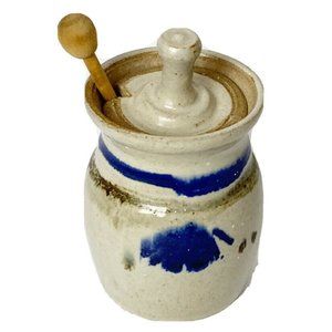 Stoneware Vintage Blue Brown Tan Honey Pot Signed